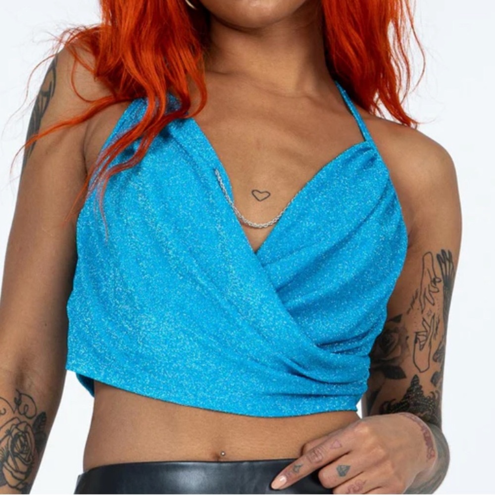 Princess Polly Camarillo Blue Sparkly Crossed Crop Top